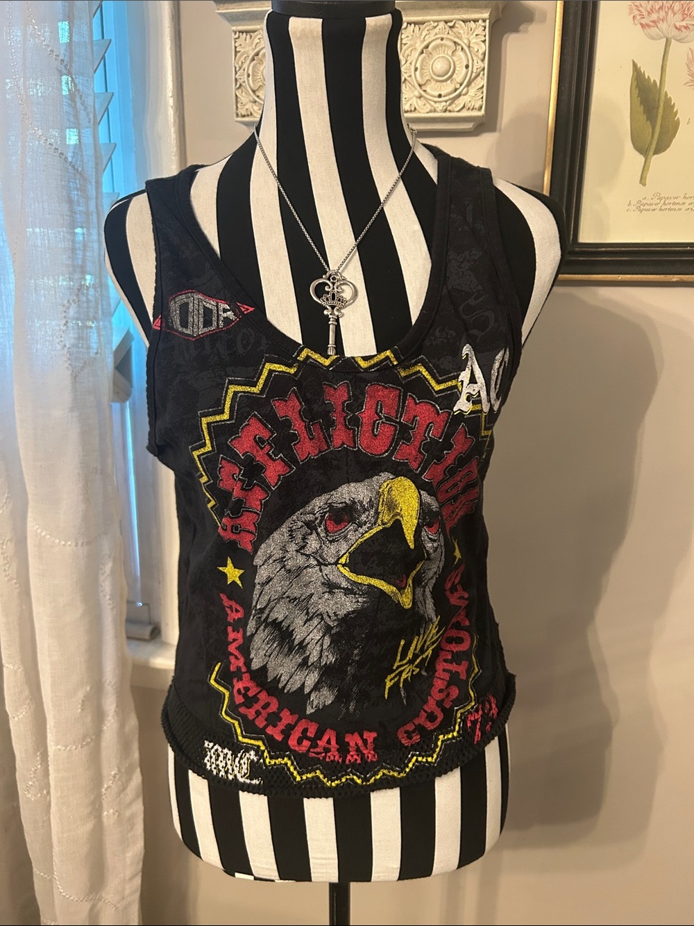 Y2K Affliction Black Tank Top with Eagle Graphic and Red & Yellow Accents
